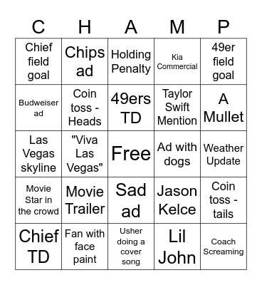 Superbowl LVIII Bingo Card