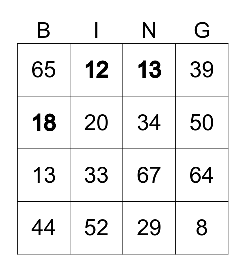 Number Bingo 1-20 Bingo Card