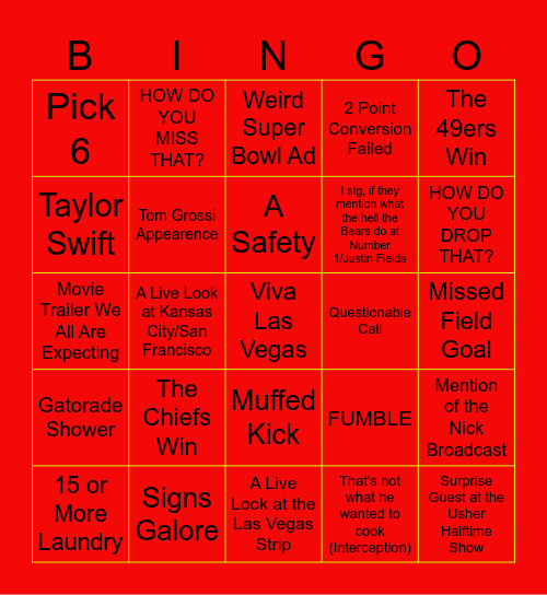 Super Bowl Bingo Card