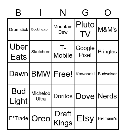 Super Bowl LVIII Commercial Bingo Card