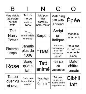 Tattoo Bingo Card