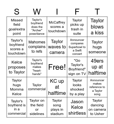 Swifty Bowl Bingo Card