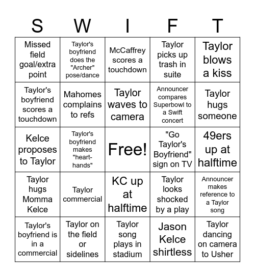 Swifty Bowl Bingo Card