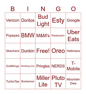 Super Bowl Commercials Bingo Card