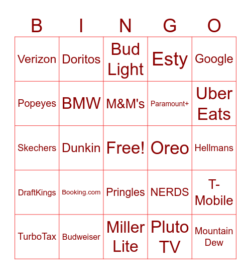 Super Bowl Commercials Bingo Card