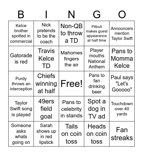 Super Bowl Bingo 2024 Bingo Card