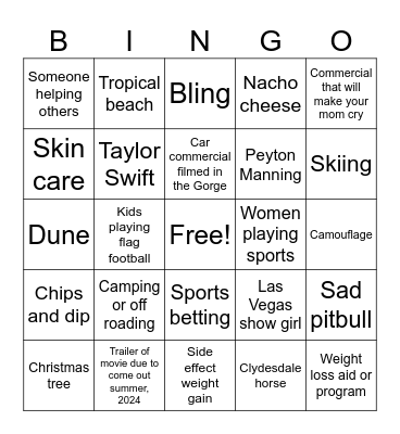 Superbowl 24 Commercial Bingo Card