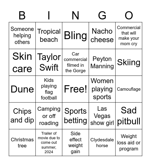 Superbowl 24 Commercial Bingo Card