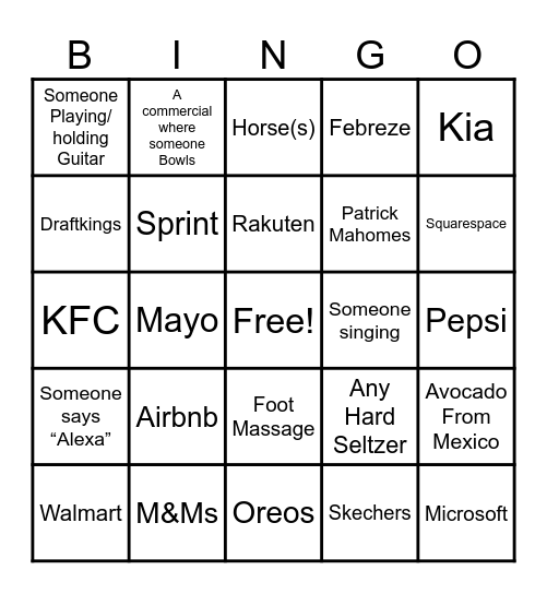 Super Bowl Bingo!! Bingo Card