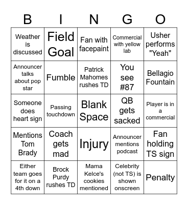 Superbowl 2024 Bingo Card