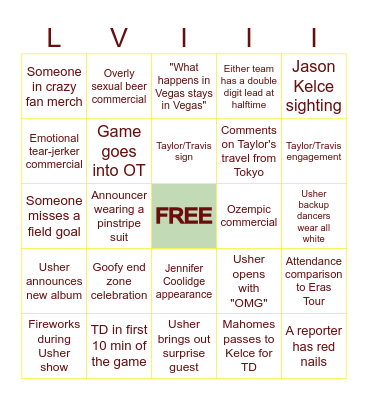 Super Bowl Bingo Card