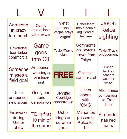 Super Bowl Bingo Card