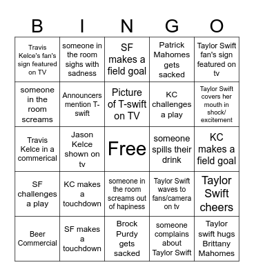 Superbowl Swiftie Bingo Card