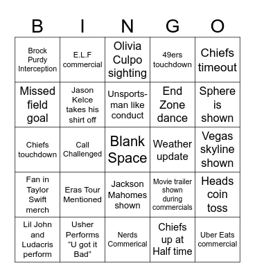 Super Bowl Bingo Card