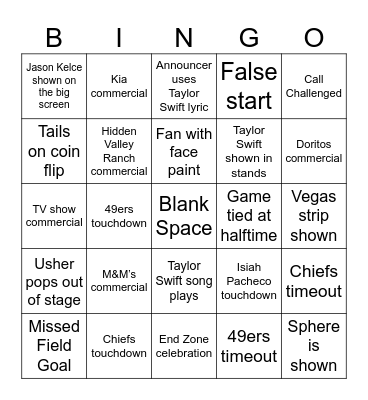 Super Bowl Bingo Card