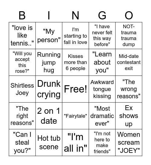 Bachelor Bingo Card