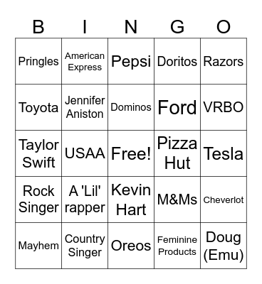 Super Bowl Commercial Bingo Card