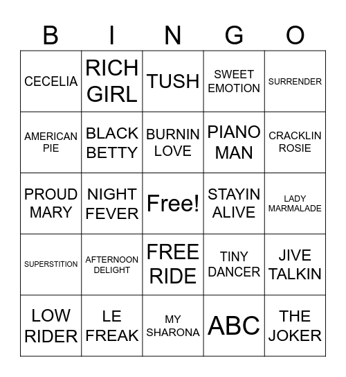 #1- 70'S HITS Bingo Card