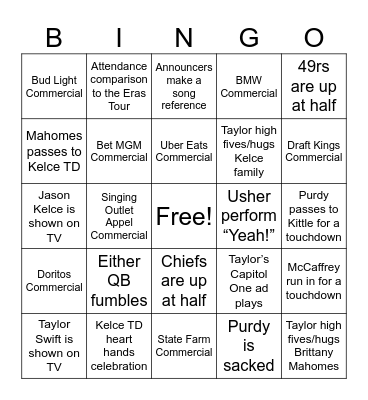 Super Bowl Bingo Card