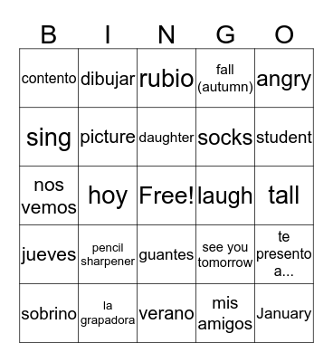 Spanish/English Bingo Card