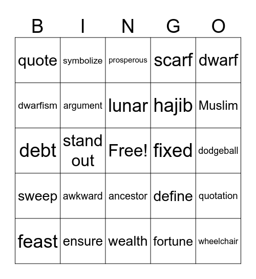 Vocabulary 1 & 2 Bingo Card