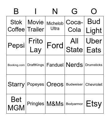 Super Bowl Commercial Bingo Card