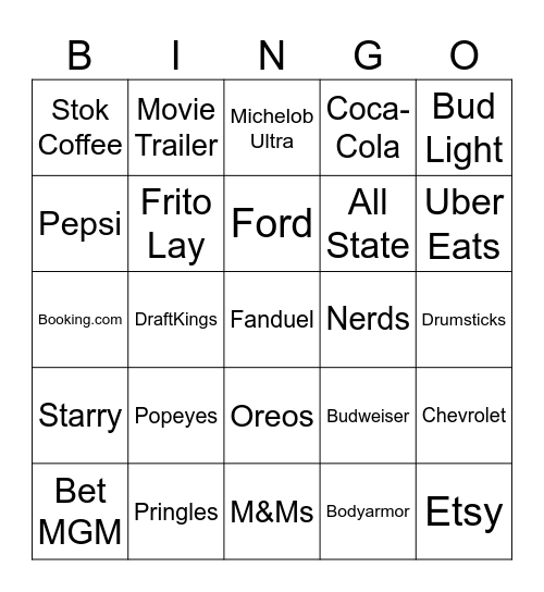 Super Bowl Commercial Bingo Card