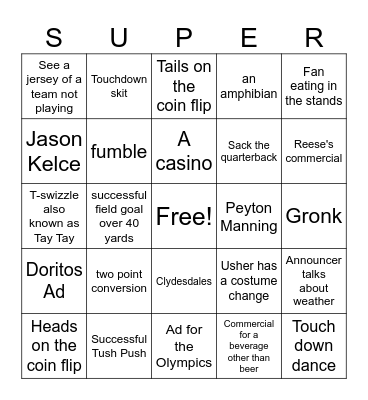 Superbowl LVIII Bingo Card