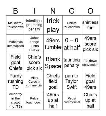 Superbowl LVIII Bingo Card