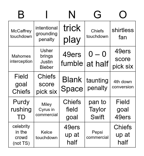 Superbowl LVIII Bingo Card
