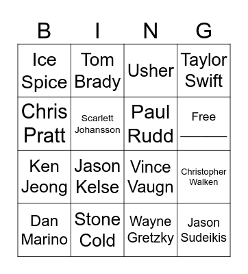 Superbowl Celebrity Bingo Card