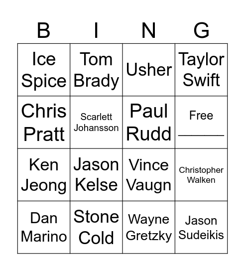 Superbowl Celebrity Bingo Card