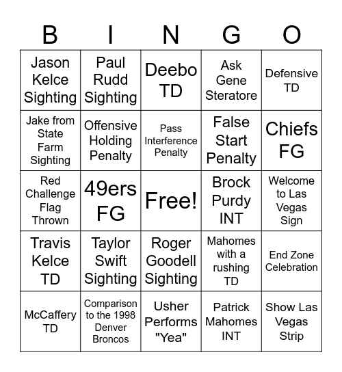 Super Bowl LVIII Bingo Card