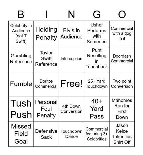 Super Bowl Bingo Card