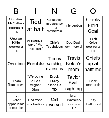 Super Bowl LVIII Bingo Card