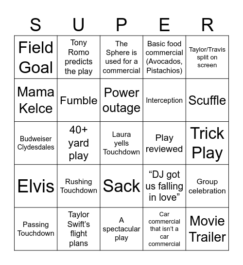 SUPER BOWL BINGO Card