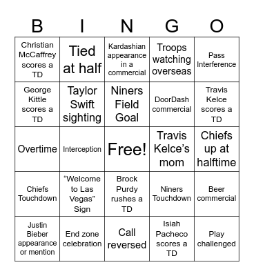 Superbowl LVIII Bingo Card