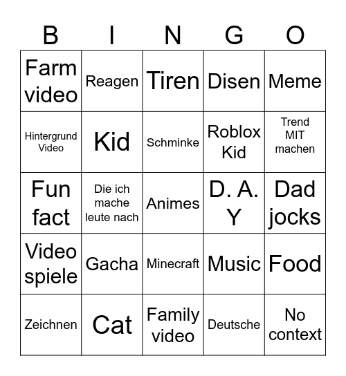 Bingo YouTube shorts Bingo Card