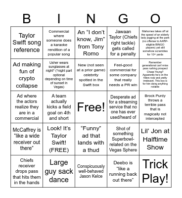 Super Bowl 2024 Bingo Card