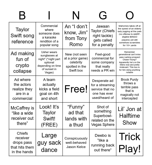 Super Bowl 2024 Bingo Card