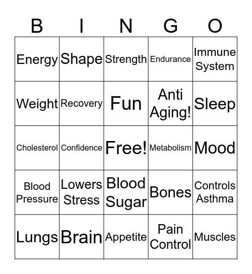 Benefits of Exercise Bingo Card