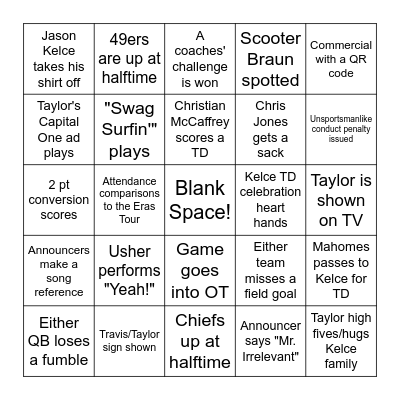 Superbowl LVIII Bingo Card