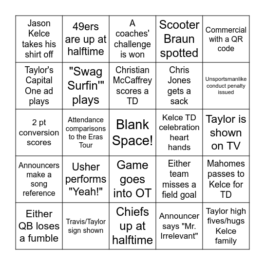 Superbowl LVIII Bingo Card