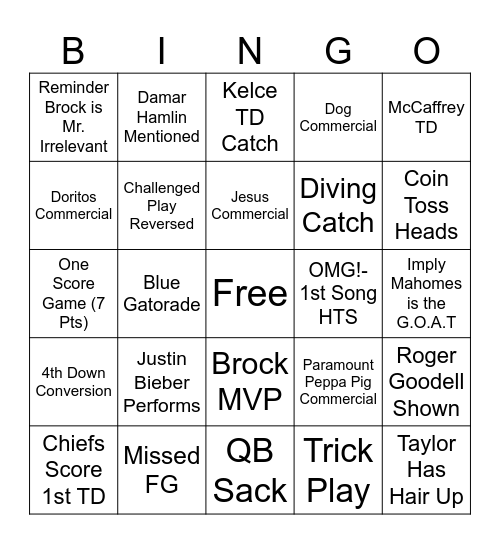 Super Bowl 58 Bingo Card