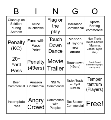 Superbowl Bingo Card