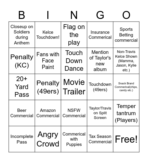 Superbowl Bingo Card