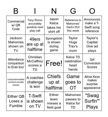 SuperBowl LVIII Taylor's Version Bingo Card