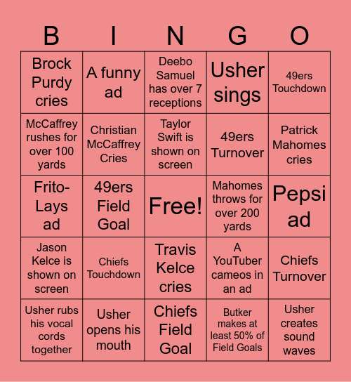 Super Bowl Bingo Card