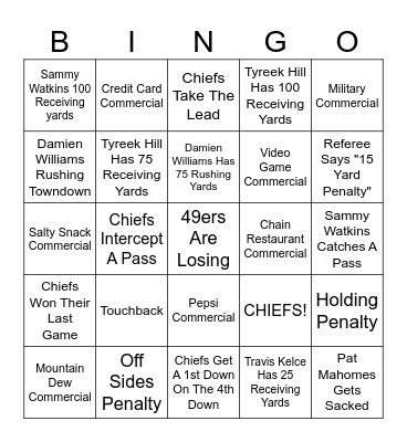 Chiefs v 49ers Super Bowl Bingo Card
