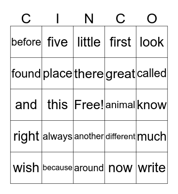 CINCO Bingo Card